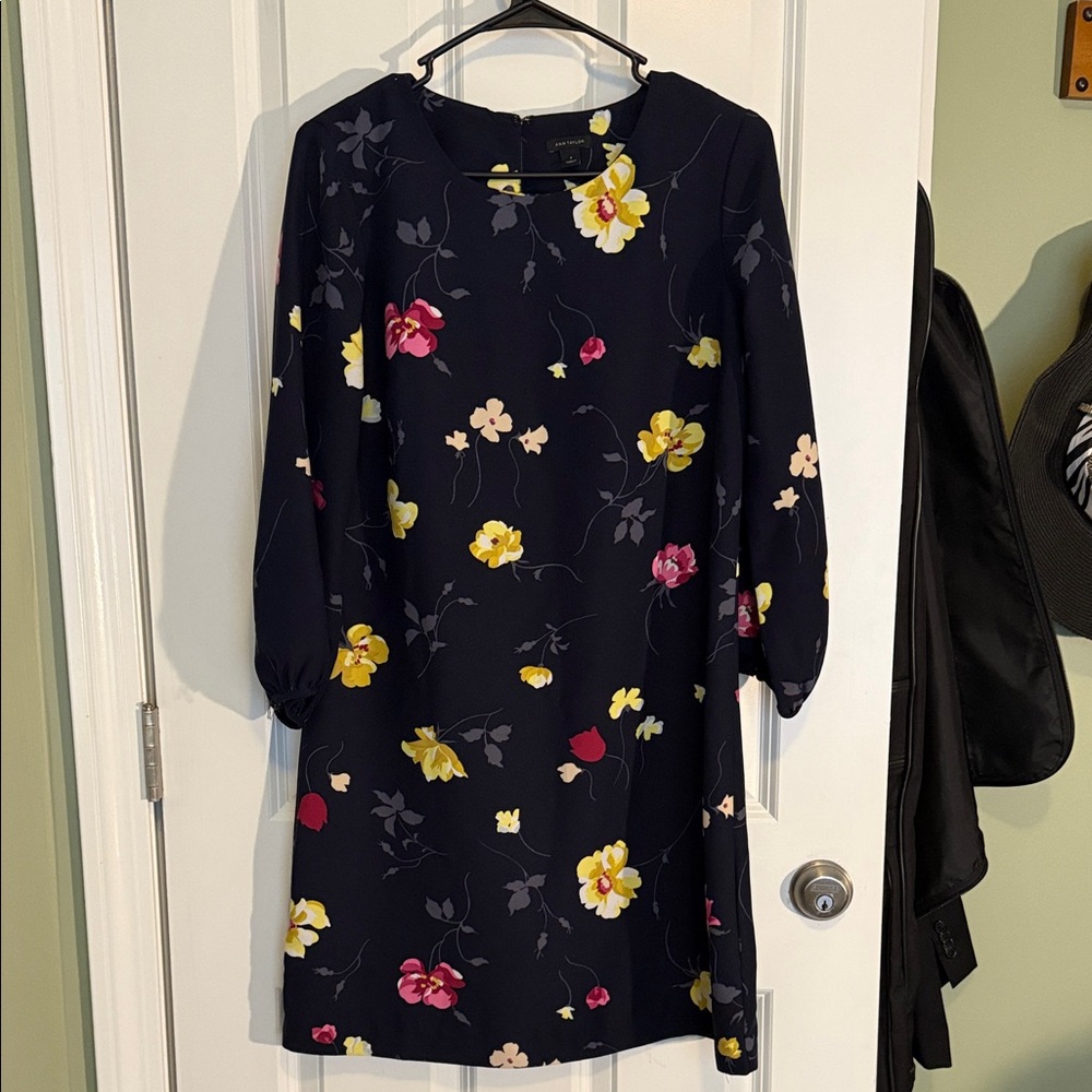 Ann Taylor Navy Floral Long Sleeve Dress